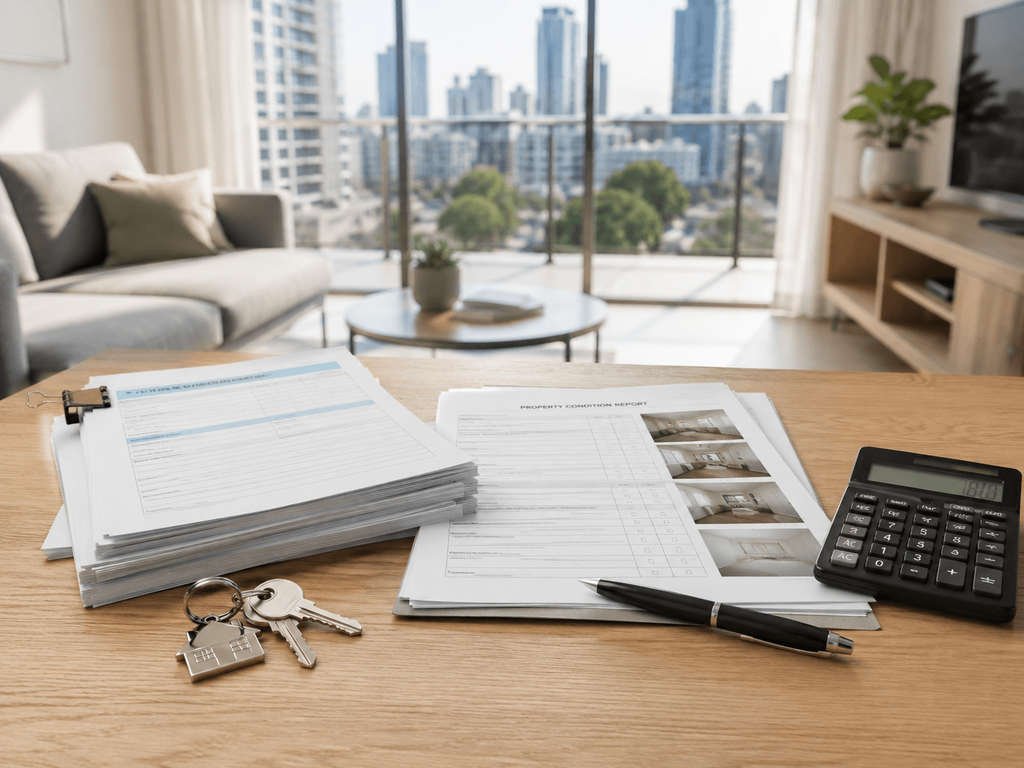 Rental bond documents, property condition report, calculator and keys in an Australian apartment