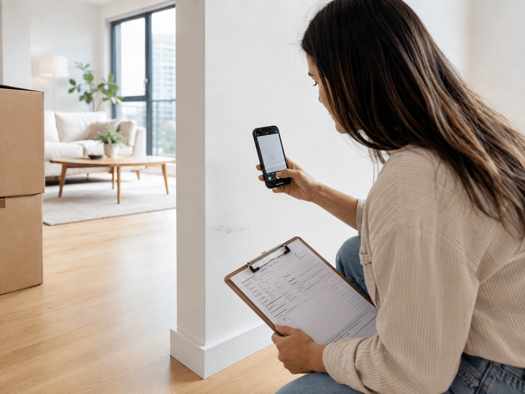 Tenant photographing existing damage while completing a rental property condition report in Australia